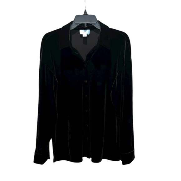 CeCe Black Stretch Velvet Button Down Blouse Shirt Top Size Medium - Picture 2 of 9